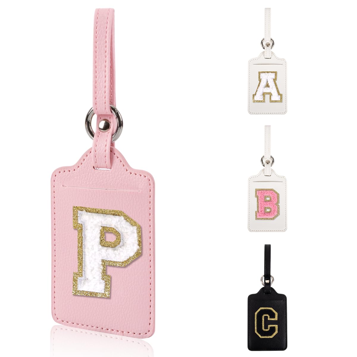 Personalized Initial Luggage Tags for Suitcases, Leather Chenille Letter Cute Luggage Tags with Privacy Name Card, Embroidered Travel Bag Backpack Tag Gifts for Women Kids Girls Teens(Pink-M)