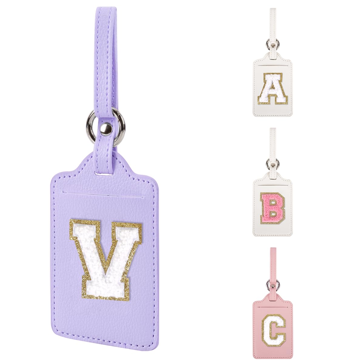 Personalized Initial Luggage Tags for Suitcases, Leather Chenille Letter Cute Luggage Tags with Privacy Name Card, Embroidered Travel Bag Backpack Tag Gifts for Women Kids Girls Teens(Pink-M)