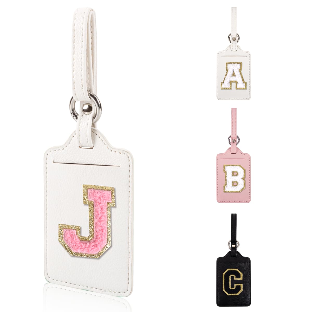 Personalized Initial Luggage Tags for Suitcases, Leather Chenille Letter Cute Luggage Tags with Privacy Name Card, Embroidered Travel Bag Backpack Tag Gifts for Women Kids Girls Teens(Pink-M)