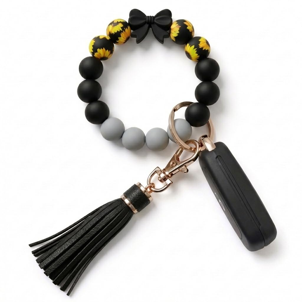 BIHRTC Key Ring Bracelet Car Keychain Holder Wristlet Silicone Women Beaded Bangle Chains