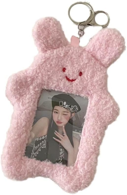 Pink Cute Plush Cartoon Bear Rabbit Photo Set With Keychain, ID Bank Credit Card Holder Protector, Stationery Identification Badge And Supplies