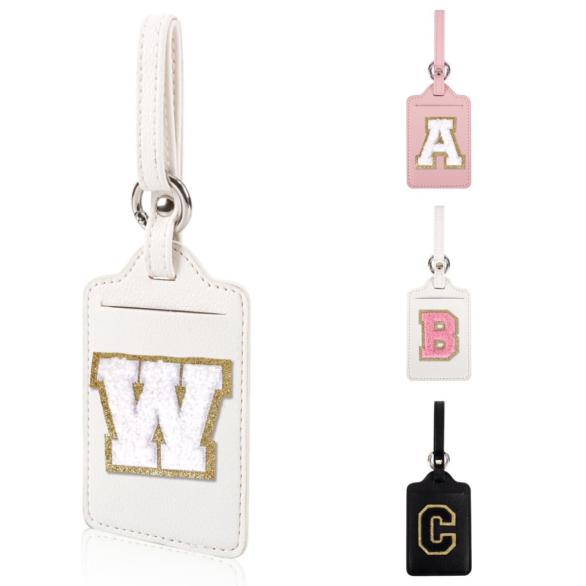 Personalized Initial Luggage Tags for Suitcases, Leather Chenille Letter Cute Luggage Tags with Privacy Name Card, Embroidered Travel Bag Backpack Tag Gifts for Women Kids Girls Teens(Pink-M)