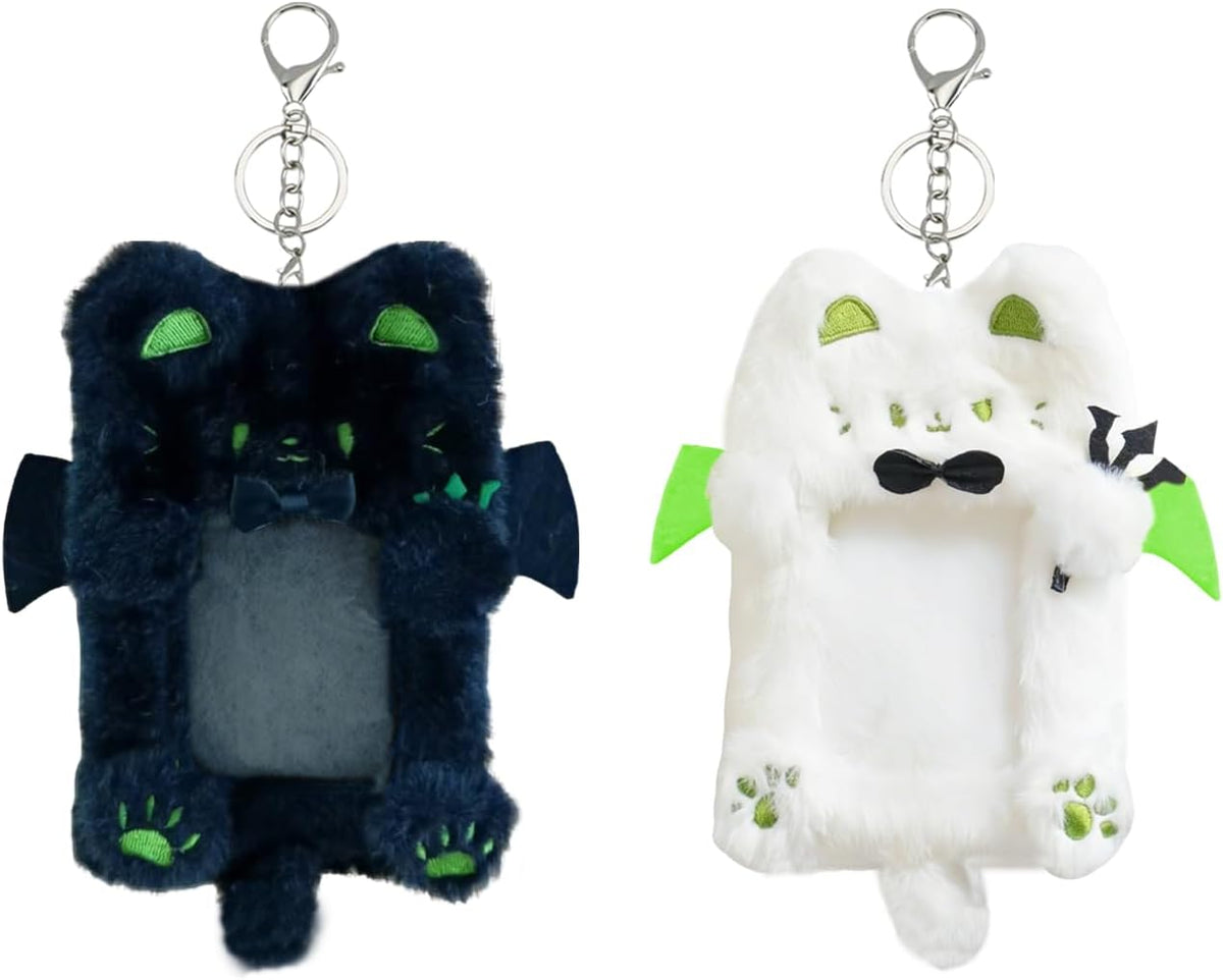 AGLOO 2 Pieces Cartoon Photocard Holder Keychain - Plush Cat-shaped Photo Card Holder,Protective Sleeves Badge Holders for Metro/Bus/Student Card and Kpop Idol Photos