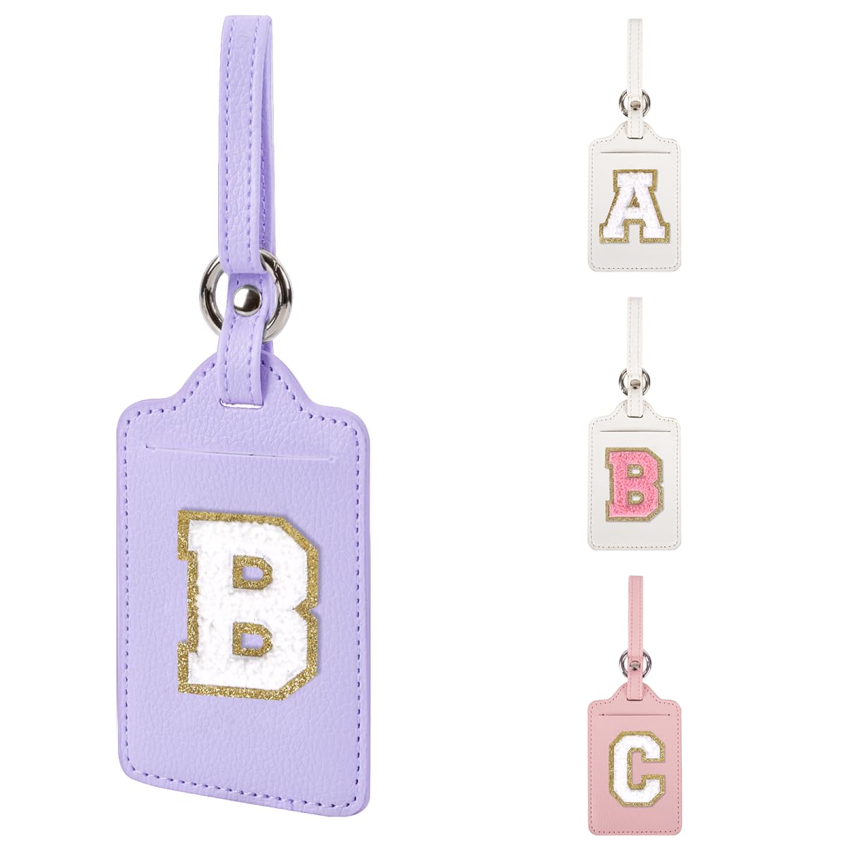 Personalized Initial Luggage Tags for Suitcases, Leather Chenille Letter Cute Luggage Tags with Privacy Name Card, Embroidered Travel Bag Backpack Tag Gifts for Women Kids Girls Teens(Pink-M)