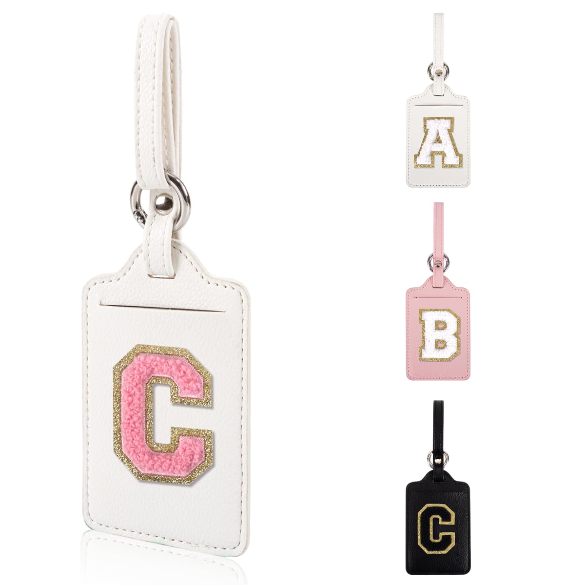Personalized Initial Luggage Tags for Suitcases, Leather Chenille Letter Cute Luggage Tags with Privacy Name Card, Embroidered Travel Bag Backpack Tag Gifts for Women Kids Girls Teens(Pink-M)