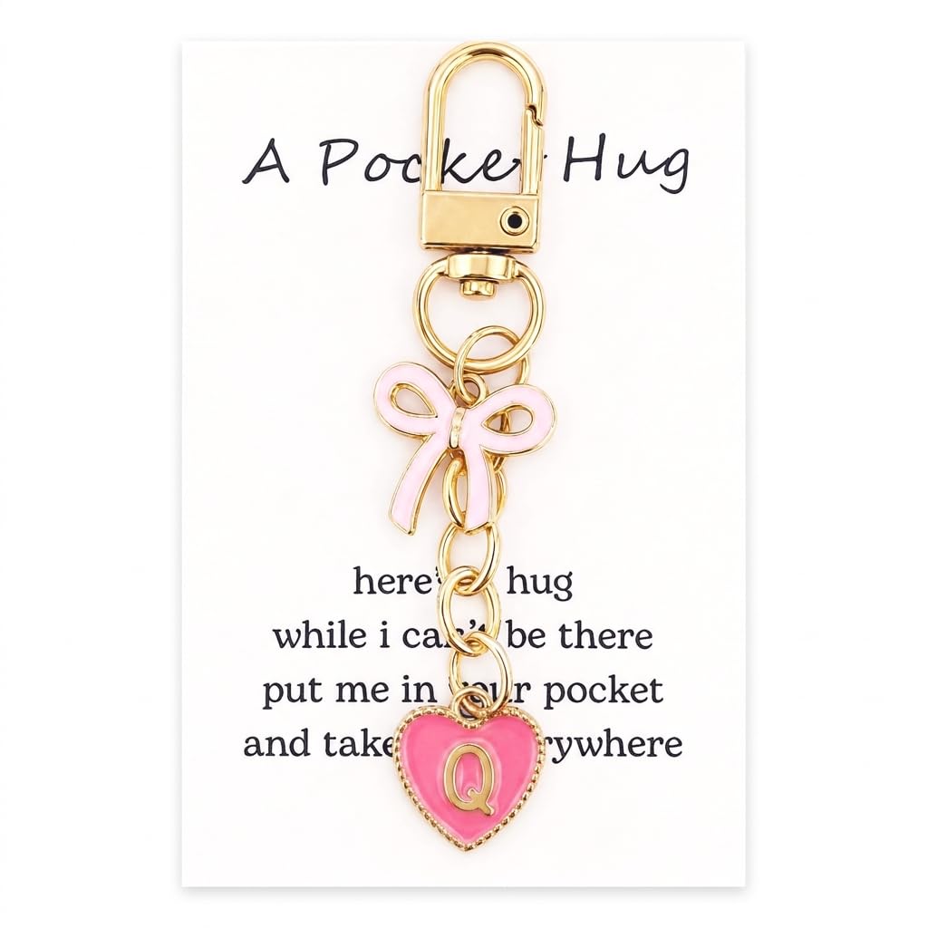 YOJO Pink Initial Letter Keychain with Enamel Bow and Heart Pendant
