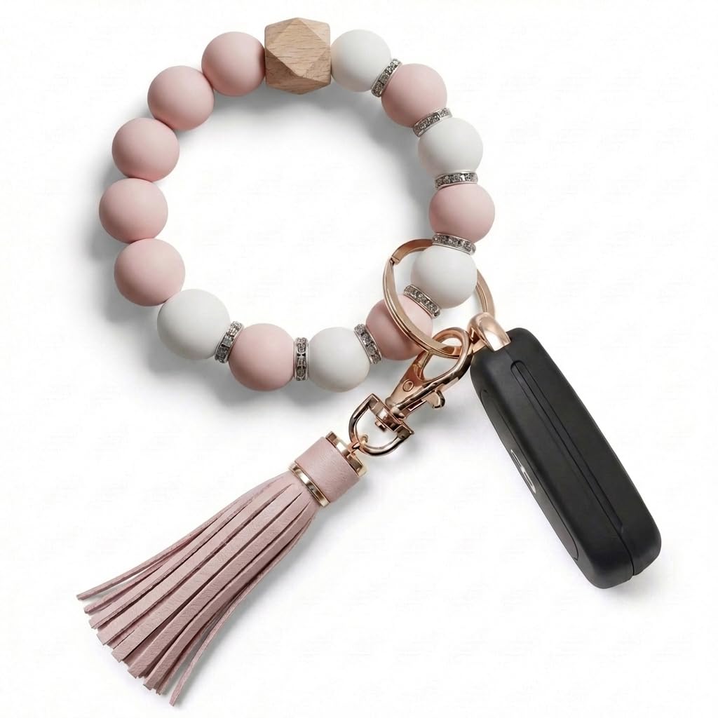BIHRTC Key Ring Bracelet Car Keychain Holder Wristlet Silicone Women Beaded Bangle Chains