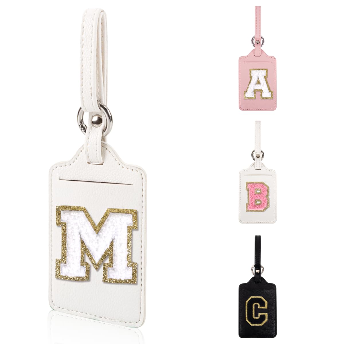 Personalized Initial Luggage Tags for Suitcases, Leather Chenille Letter Cute Luggage Tags with Privacy Name Card, Embroidered Travel Bag Backpack Tag Gifts for Women Kids Girls Teens(Pink-M)