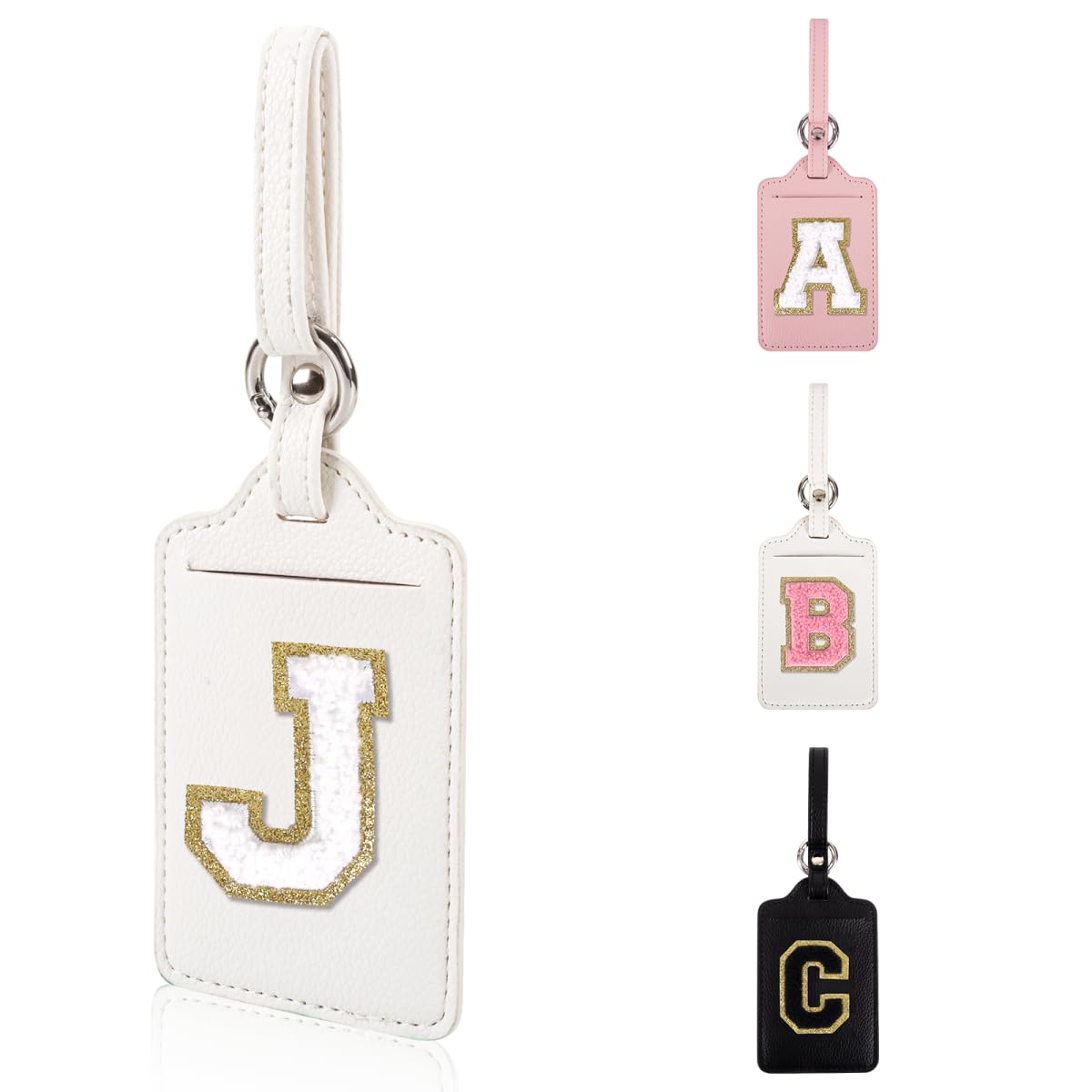 Personalized Initial Luggage Tags for Suitcases, Leather Chenille Letter Cute Luggage Tags with Privacy Name Card, Embroidered Travel Bag Backpack Tag Gifts for Women Kids Girls Teens(Pink-M)