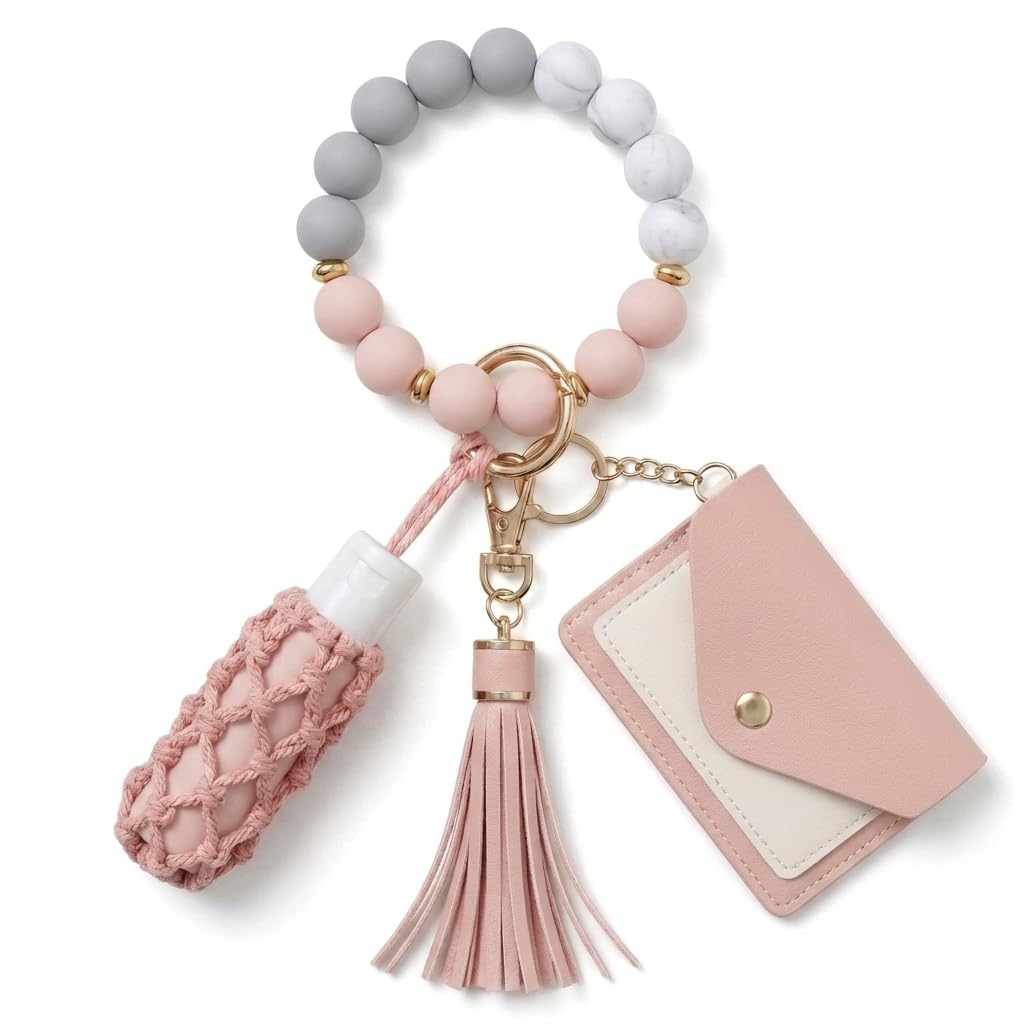 BIHRTC Silicone Key Ring Bracelets Wristlet Keychain Wallet with Net Chapstick Holder for Women