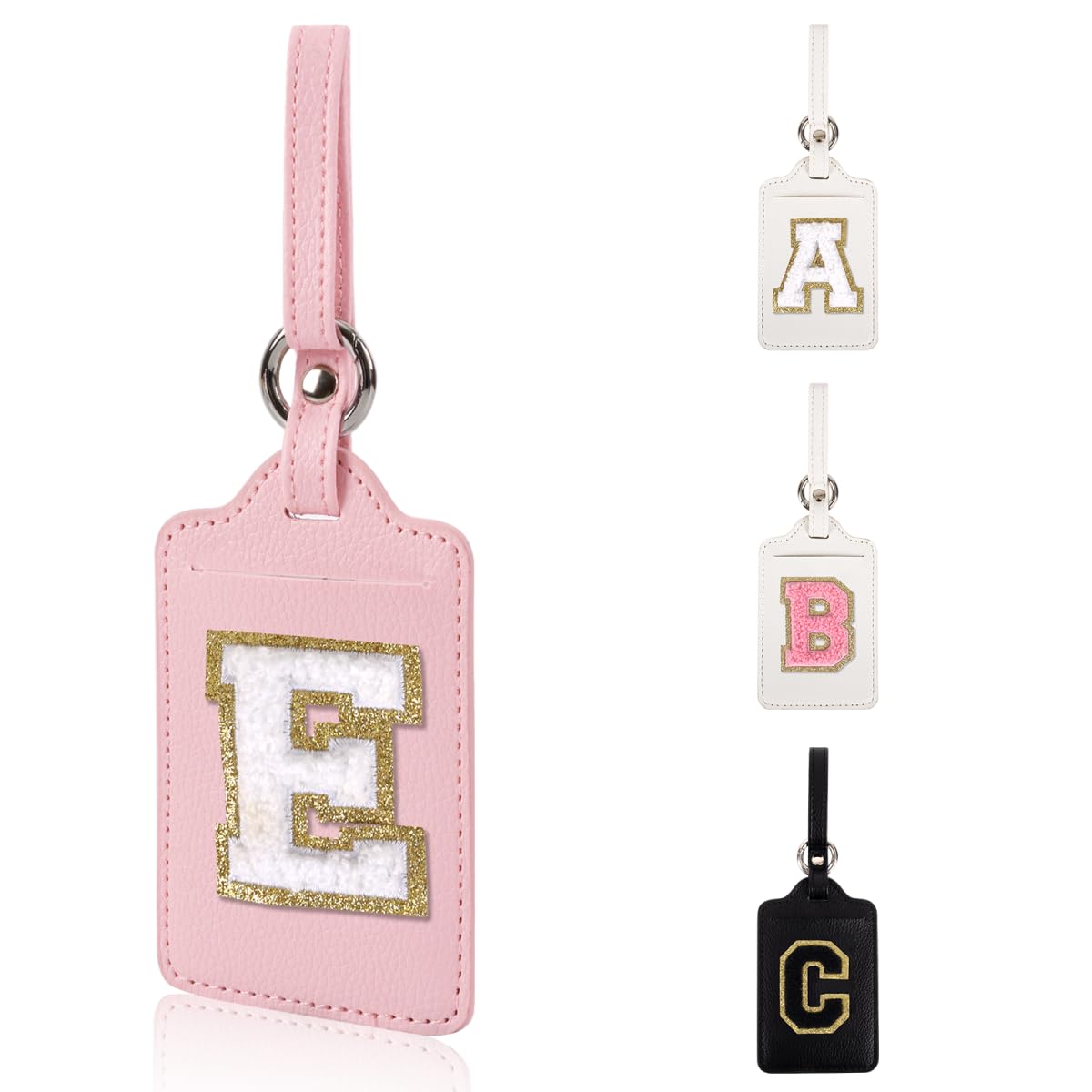 Personalized Initial Luggage Tags for Suitcases, Leather Chenille Letter Cute Luggage Tags with Privacy Name Card, Embroidered Travel Bag Backpack Tag Gifts for Women Kids Girls Teens(Pink-M)