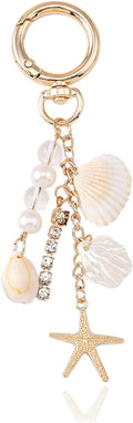 Beach Keychain with Gold Starfish and Seashell Charms Coastal Bag Charm Keychains for Women Cute Beachy Purse Accessories Sea Shell Travel for Ocean Lovers and Coastal Vibes