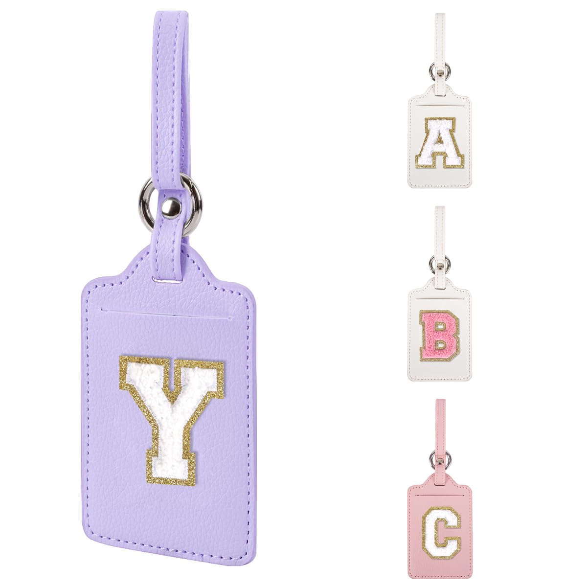 Personalized Initial Luggage Tags for Suitcases, Leather Chenille Letter Cute Luggage Tags with Privacy Name Card, Embroidered Travel Bag Backpack Tag Gifts for Women Kids Girls Teens(Pink-M)
