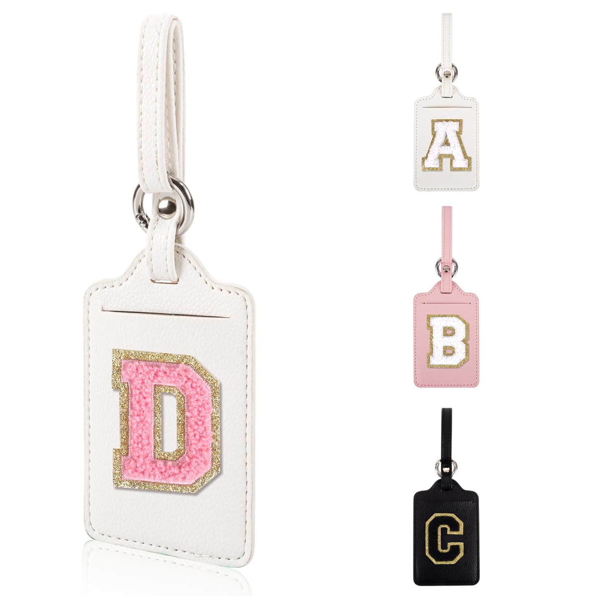 Personalized Initial Luggage Tags for Suitcases, Leather Chenille Letter Cute Luggage Tags with Privacy Name Card, Embroidered Travel Bag Backpack Tag Gifts for Women Kids Girls Teens(Pink-M)