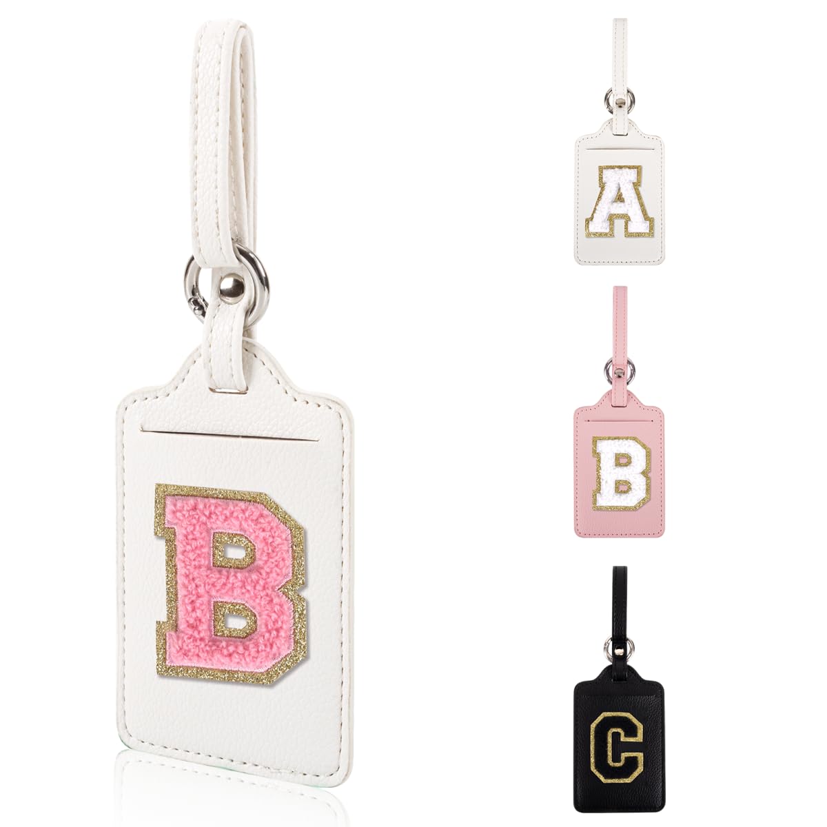 Personalized Initial Luggage Tags for Suitcases, Leather Chenille Letter Cute Luggage Tags with Privacy Name Card, Embroidered Travel Bag Backpack Tag Gifts for Women Kids Girls Teens(Pink-M)