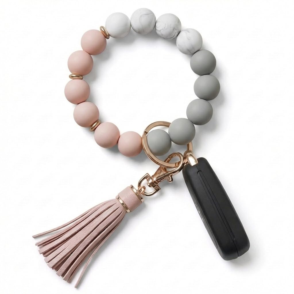 BIHRTC Key Ring Bracelet Car Keychain Holder Wristlet Silicone Women Beaded Bangle Chains