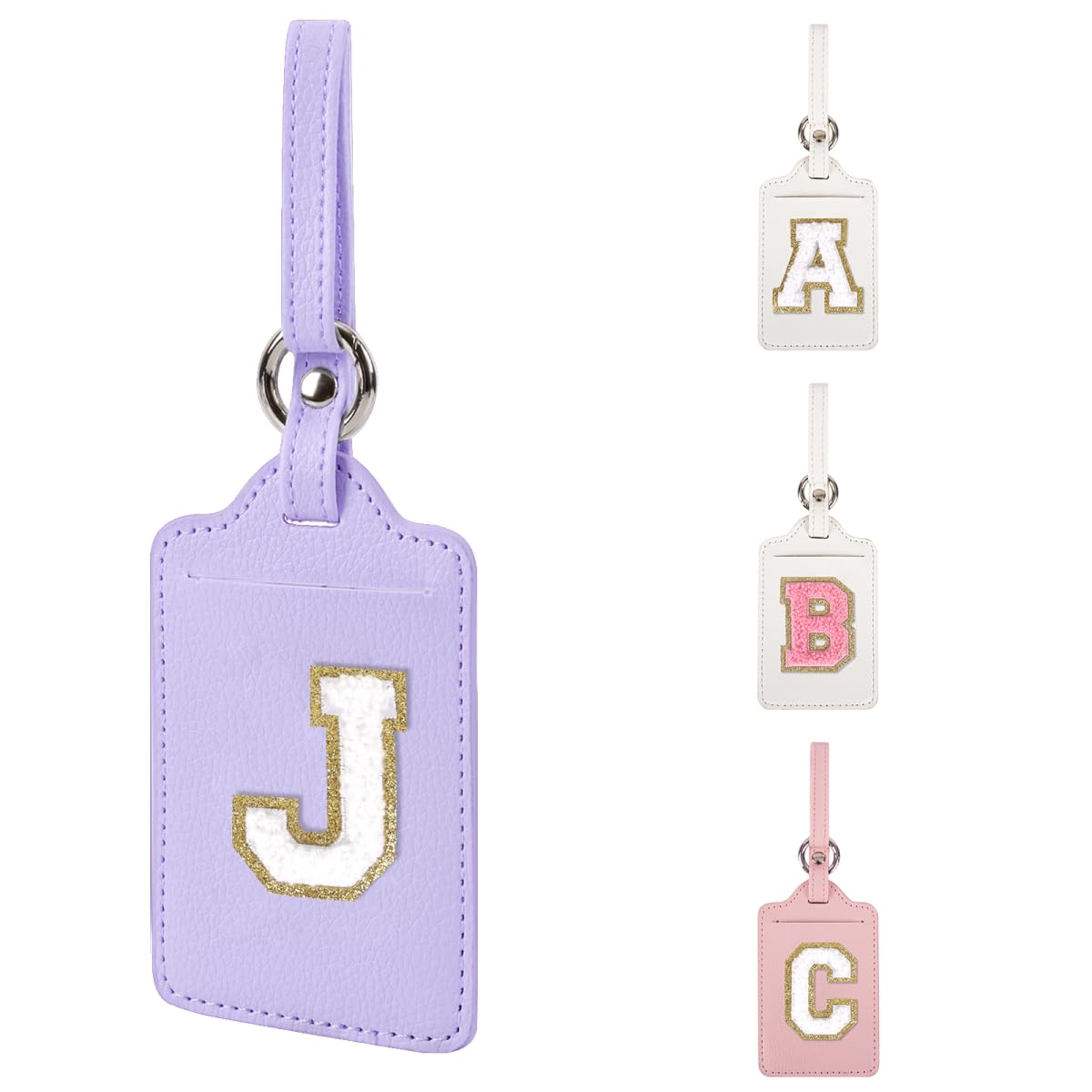 Personalized Initial Luggage Tags for Suitcases, Leather Chenille Letter Cute Luggage Tags with Privacy Name Card, Embroidered Travel Bag Backpack Tag Gifts for Women Kids Girls Teens(Pink-M)