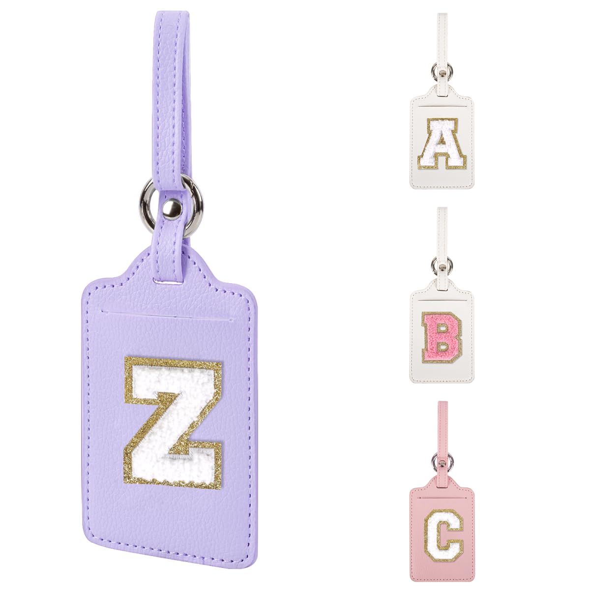 Personalized Initial Luggage Tags for Suitcases, Leather Chenille Letter Cute Luggage Tags with Privacy Name Card, Embroidered Travel Bag Backpack Tag Gifts for Women Kids Girls Teens(Pink-M)