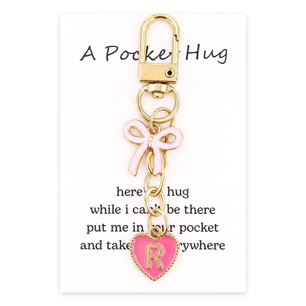 YOJO Pink Initial Letter Keychain with Enamel Bow and Heart Pendant