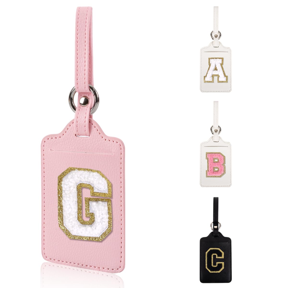 Personalized Initial Luggage Tags for Suitcases, Leather Chenille Letter Cute Luggage Tags with Privacy Name Card, Embroidered Travel Bag Backpack Tag Gifts for Women Kids Girls Teens(Pink-M)