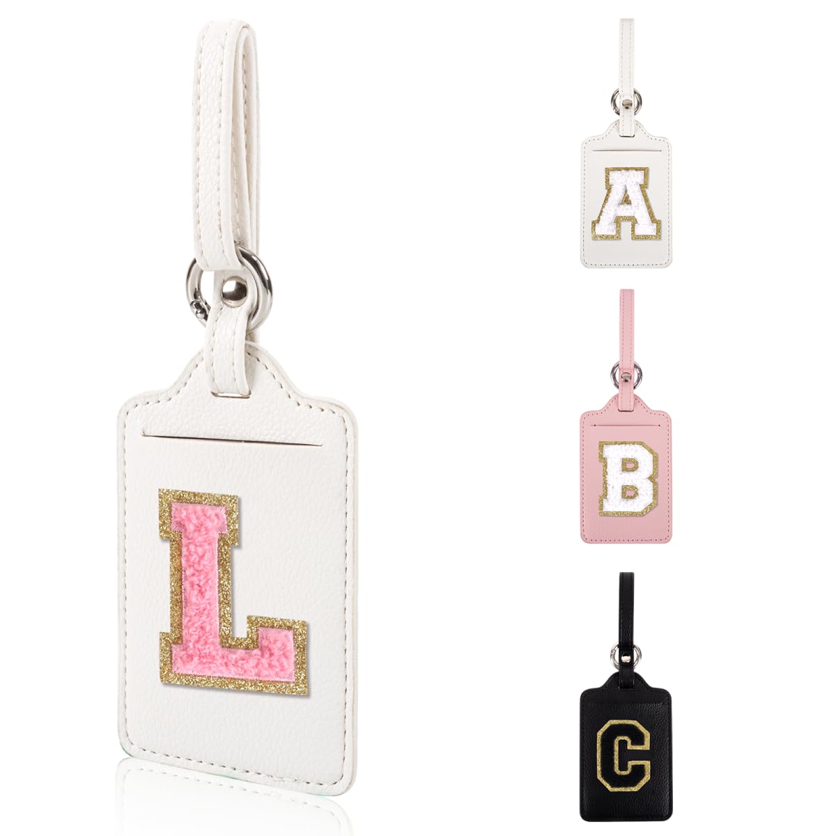 Personalized Initial Luggage Tags for Suitcases, Leather Chenille Letter Cute Luggage Tags with Privacy Name Card, Embroidered Travel Bag Backpack Tag Gifts for Women Kids Girls Teens(Pink-M)