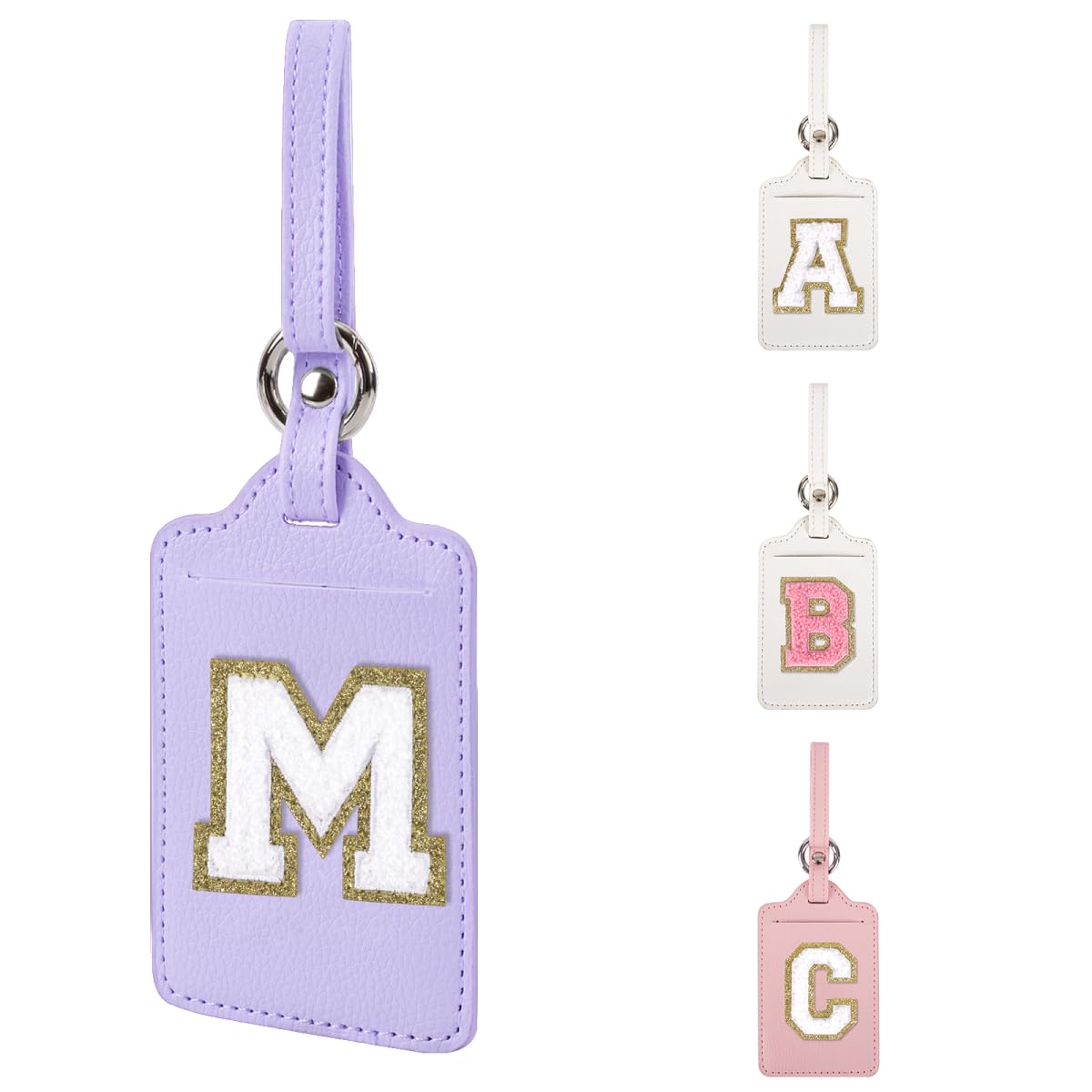 Personalized Initial Luggage Tags for Suitcases, Leather Chenille Letter Cute Luggage Tags with Privacy Name Card, Embroidered Travel Bag Backpack Tag Gifts for Women Kids Girls Teens(Pink-M)