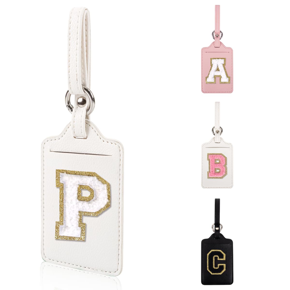 Personalized Initial Luggage Tags for Suitcases, Leather Chenille Letter Cute Luggage Tags with Privacy Name Card, Embroidered Travel Bag Backpack Tag Gifts for Women Kids Girls Teens(Pink-M)