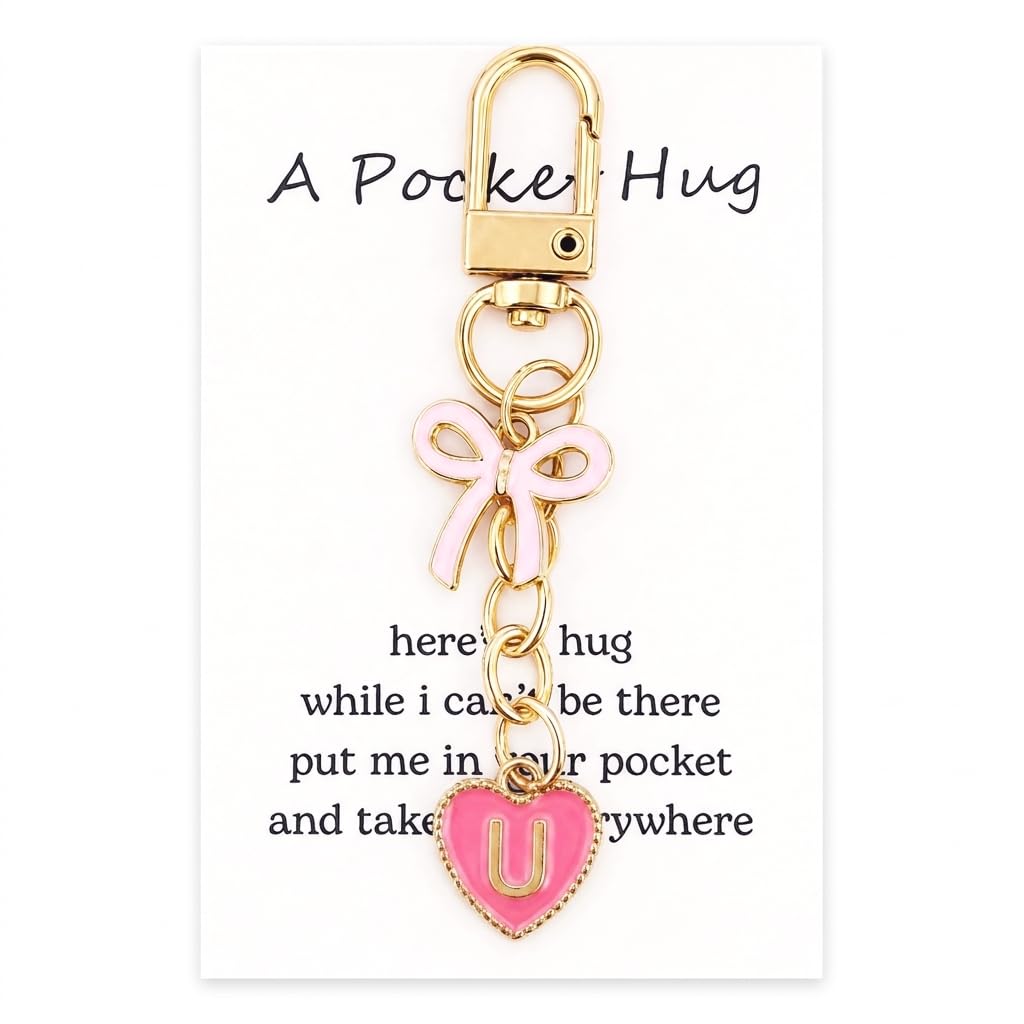 YOJO Pink Initial Letter Keychain with Enamel Bow and Heart Pendant