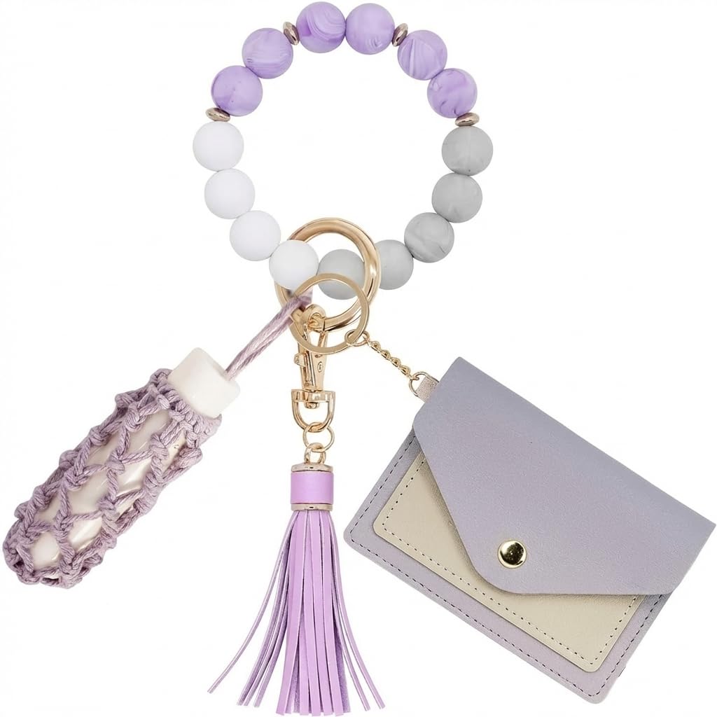 BIHRTC Silicone Key Ring Bracelets Wristlet Keychain Wallet with Net Chapstick Holder for Women