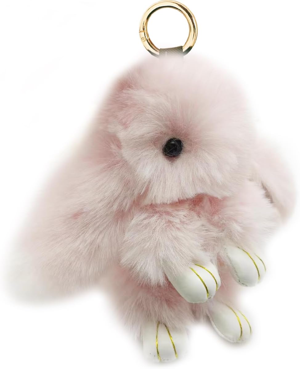 Bunny Keychain Soft Fluffy Rabbit Keychain 7in Handmade Cute Colorful Rabbit Fur Pom Pom Key Rings for Women