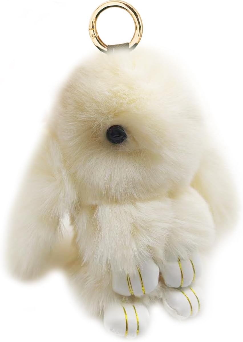 Bunny Keychain Soft Fluffy Rabbit Keychain 7in Handmade Cute Colorful Rabbit Fur Pom Pom Key Rings for Women