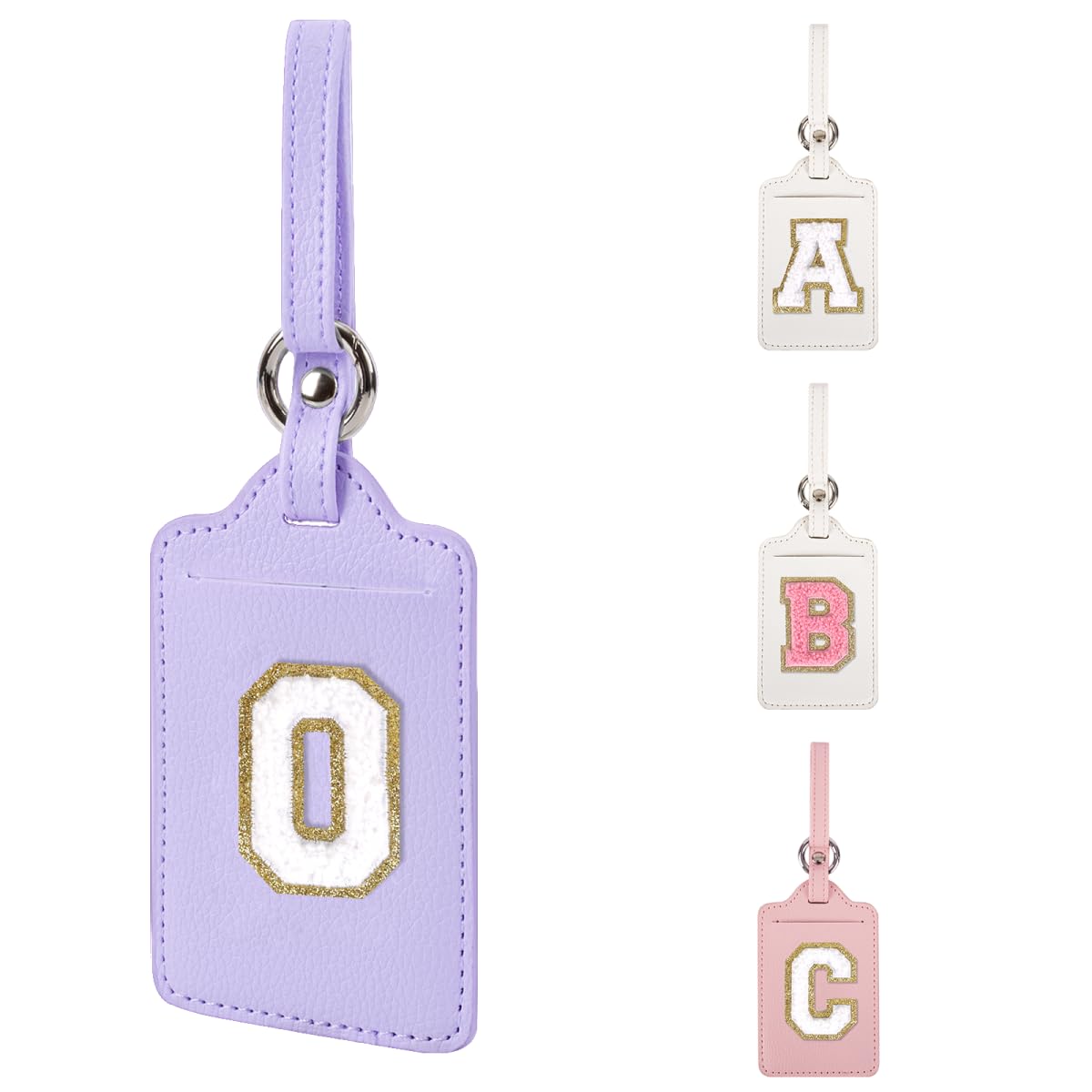 Personalized Initial Luggage Tags for Suitcases, Leather Chenille Letter Cute Luggage Tags with Privacy Name Card, Embroidered Travel Bag Backpack Tag Gifts for Women Kids Girls Teens(Pink-M)