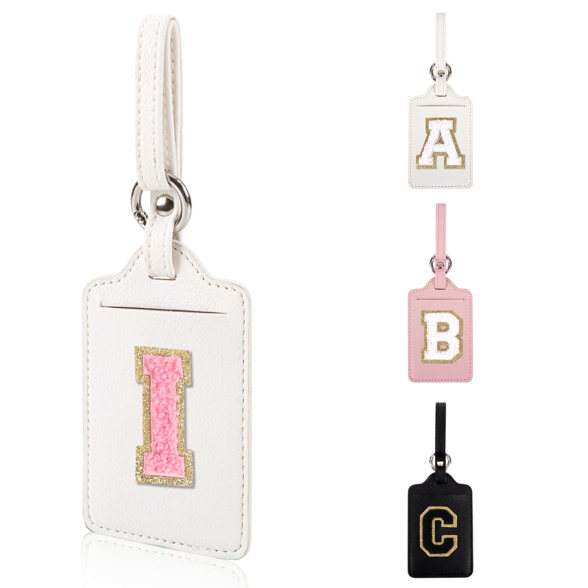 Personalized Initial Luggage Tags for Suitcases, Leather Chenille Letter Cute Luggage Tags with Privacy Name Card, Embroidered Travel Bag Backpack Tag Gifts for Women Kids Girls Teens(Pink-M)