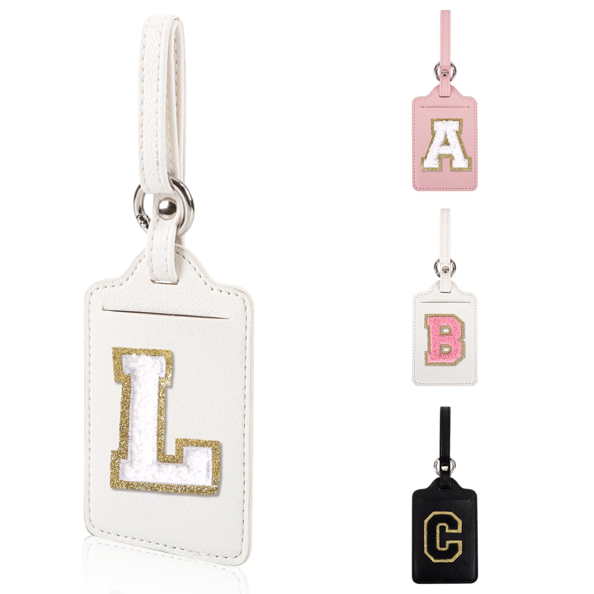 Personalized Initial Luggage Tags for Suitcases, Leather Chenille Letter Cute Luggage Tags with Privacy Name Card, Embroidered Travel Bag Backpack Tag Gifts for Women Kids Girls Teens(Pink-M)