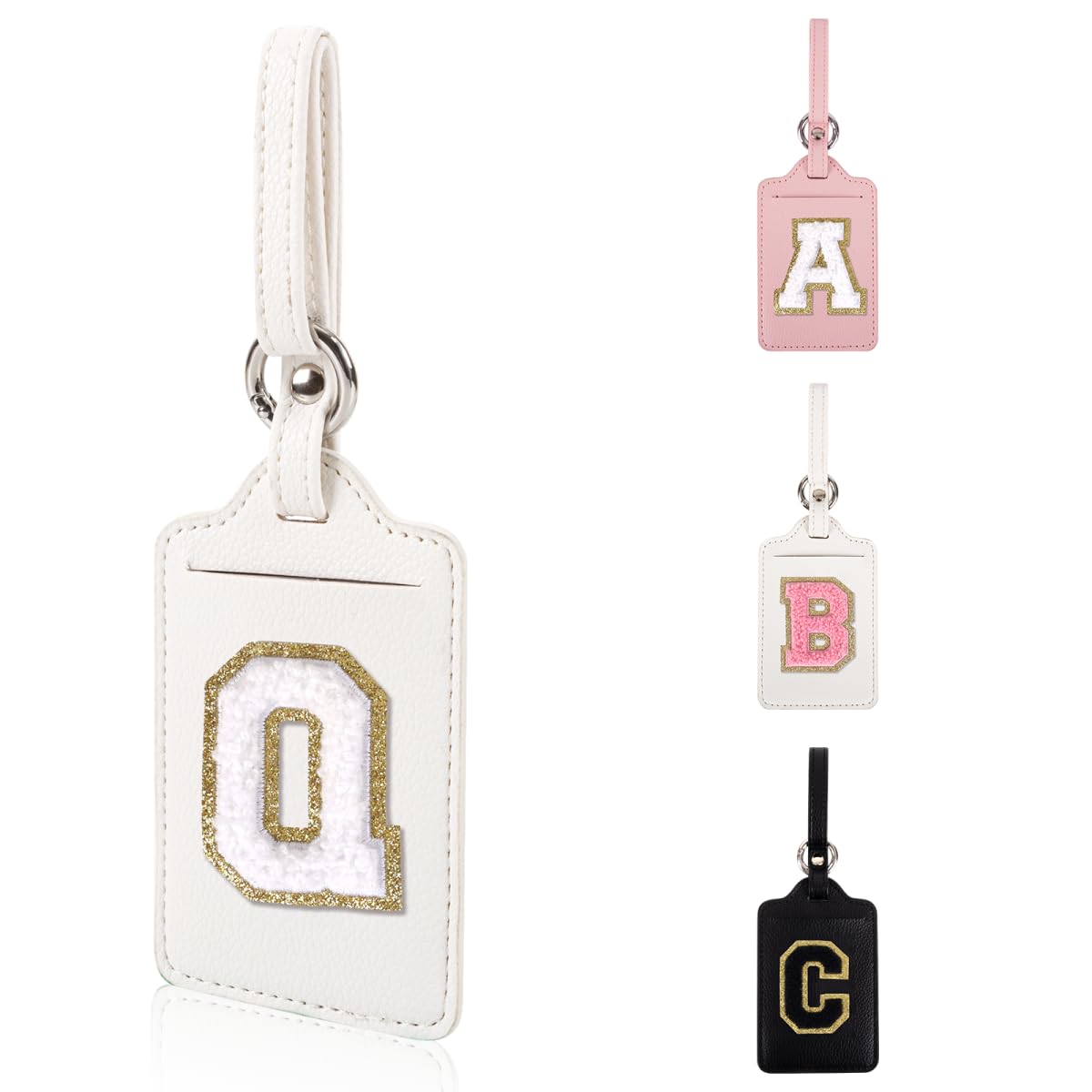 Personalized Initial Luggage Tags for Suitcases, Leather Chenille Letter Cute Luggage Tags with Privacy Name Card, Embroidered Travel Bag Backpack Tag Gifts for Women Kids Girls Teens(Pink-M)