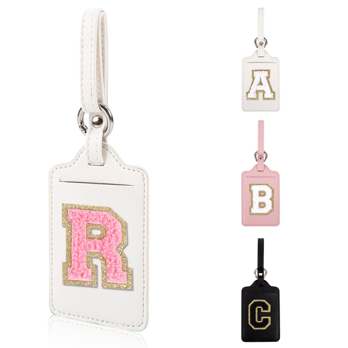 Personalized Initial Luggage Tags for Suitcases, Leather Chenille Letter Cute Luggage Tags with Privacy Name Card, Embroidered Travel Bag Backpack Tag Gifts for Women Kids Girls Teens(Pink-M)