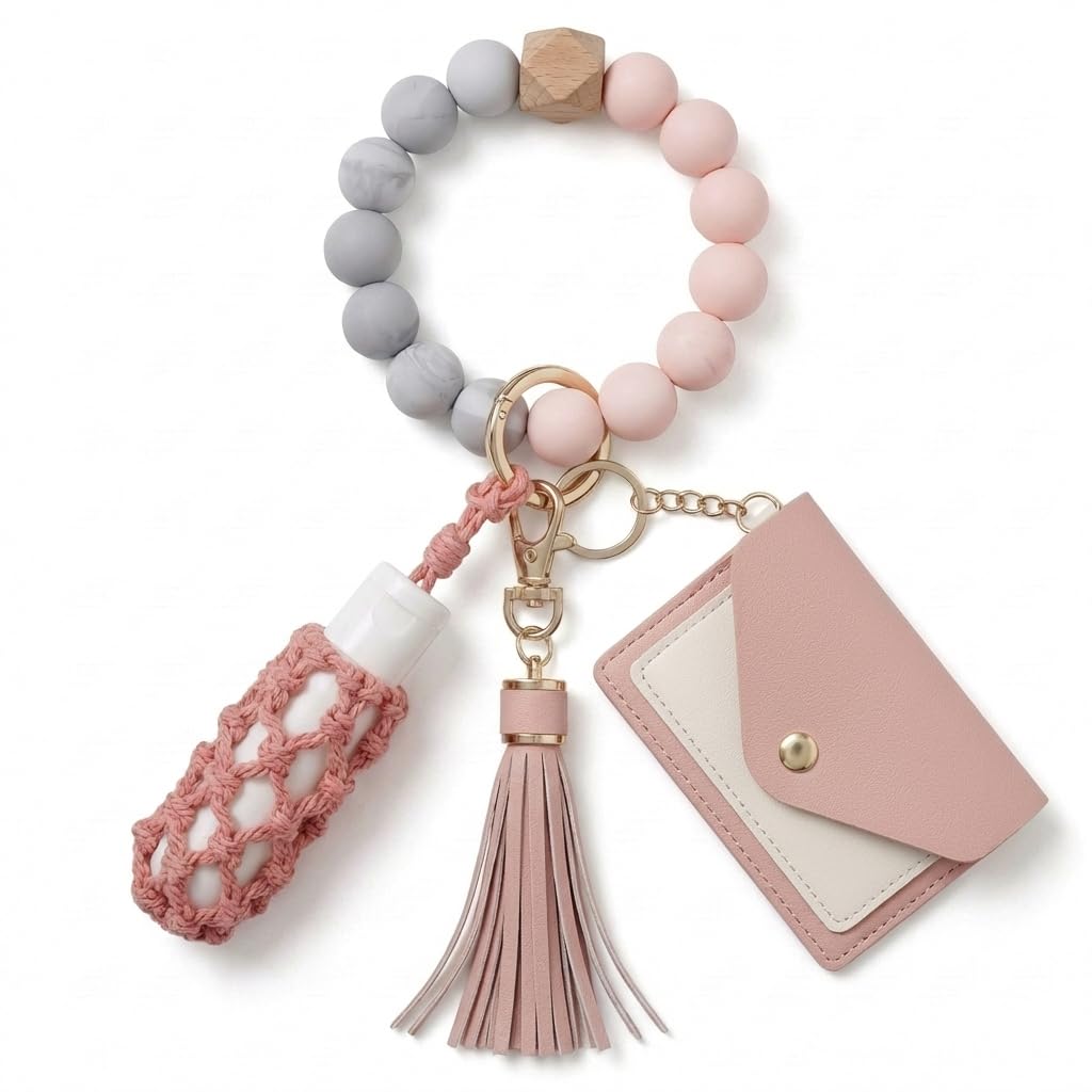 BIHRTC Silicone Key Ring Bracelets Wristlet Keychain Wallet with Net Chapstick Holder for Women