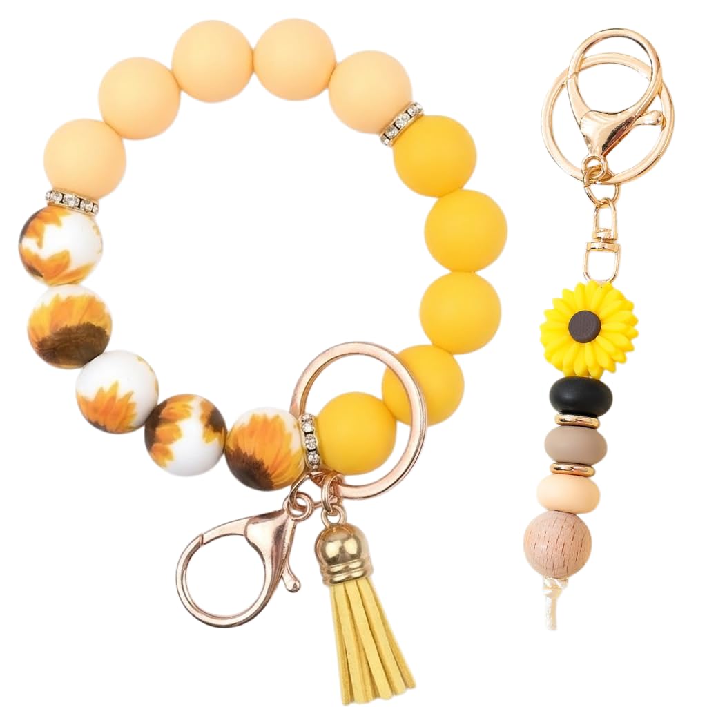 2PCS Bracelet Key Ring Set, Cute Car Key chain Wristlet, Silicone Beaded Bangle keyChains for Women Girls