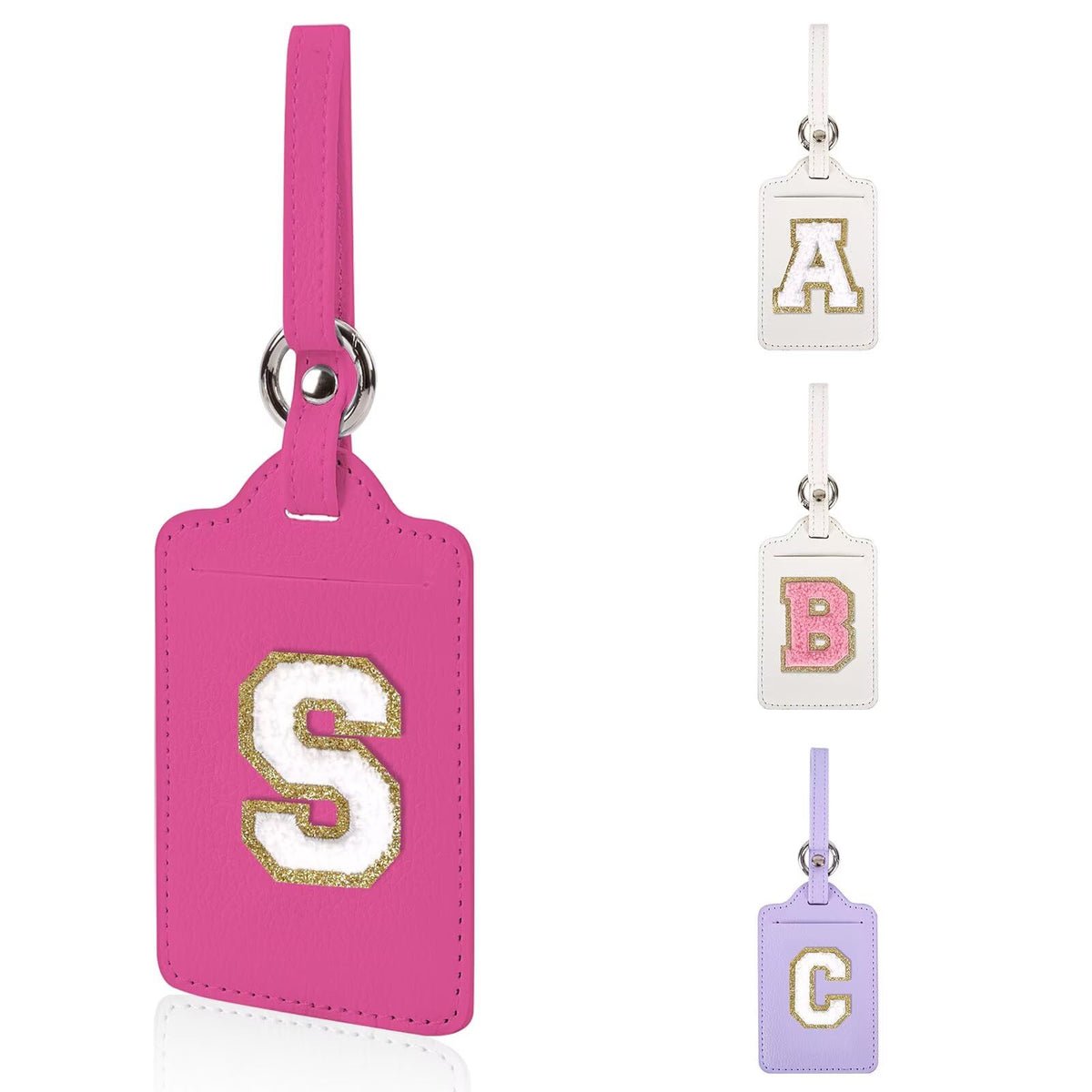 Personalized Initial Luggage Tags for Suitcases, Leather Chenille Letter Cute Luggage Tags with Privacy Name Card, Embroidered Travel Bag Backpack Tag Gifts for Women Kids Girls Teens(Pink-M)