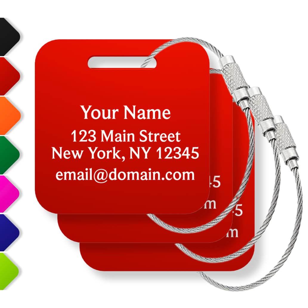Custom Metal Luggage Tags (3 or 6 Pack) - Personalized Unique Suitcase & Backpack Travel, Durable, Waterproof & Heavy Duty (Orange)
