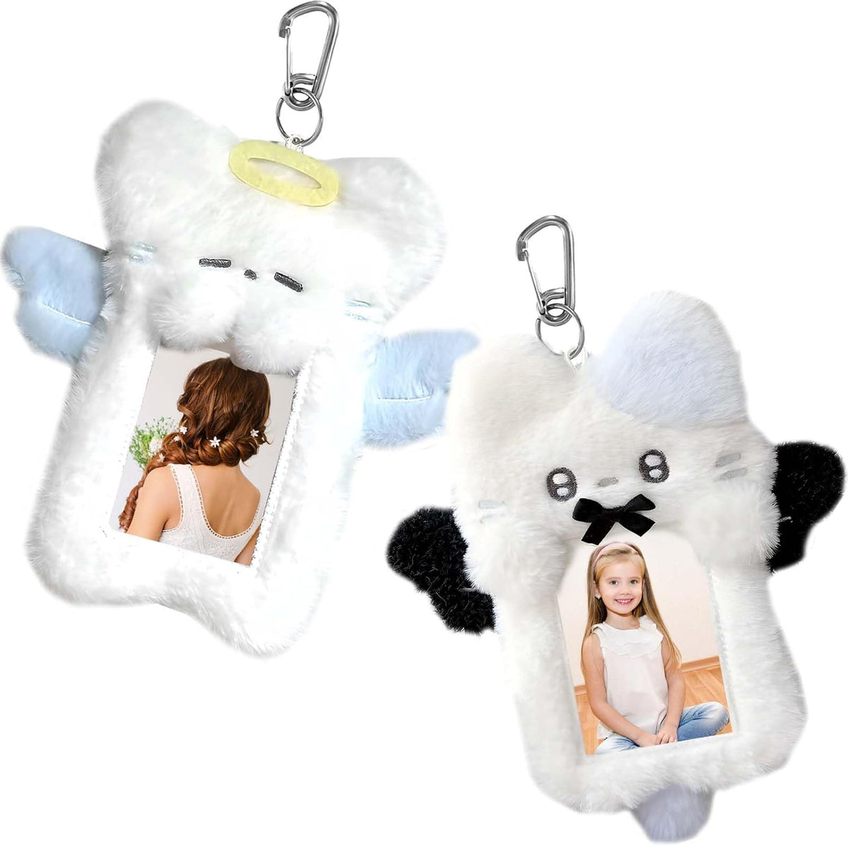 2 Pieces Cartoon Photocard Holder - Plush Rabbit and Cat Photo Card Display Protective Sleeves, Transparent Cover Case for Bus Card, Student Card, ID