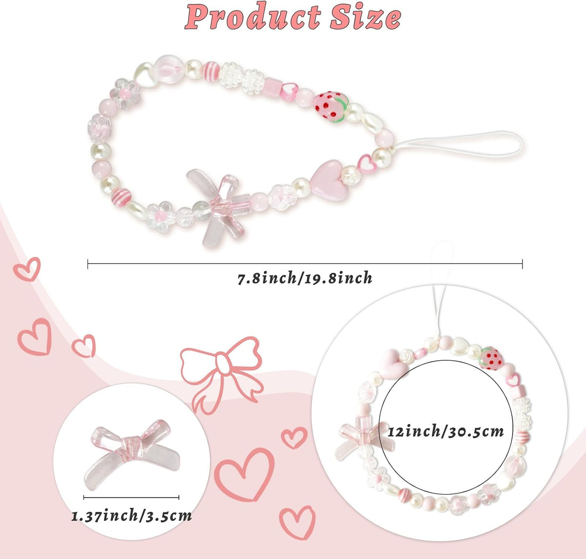 Pink Beaded Phone Wrist Straps, Y2K Phone Case Charms Camera Charm Strap, Lanyard Keychain Wristlet Aesthetic Cellphone Charm