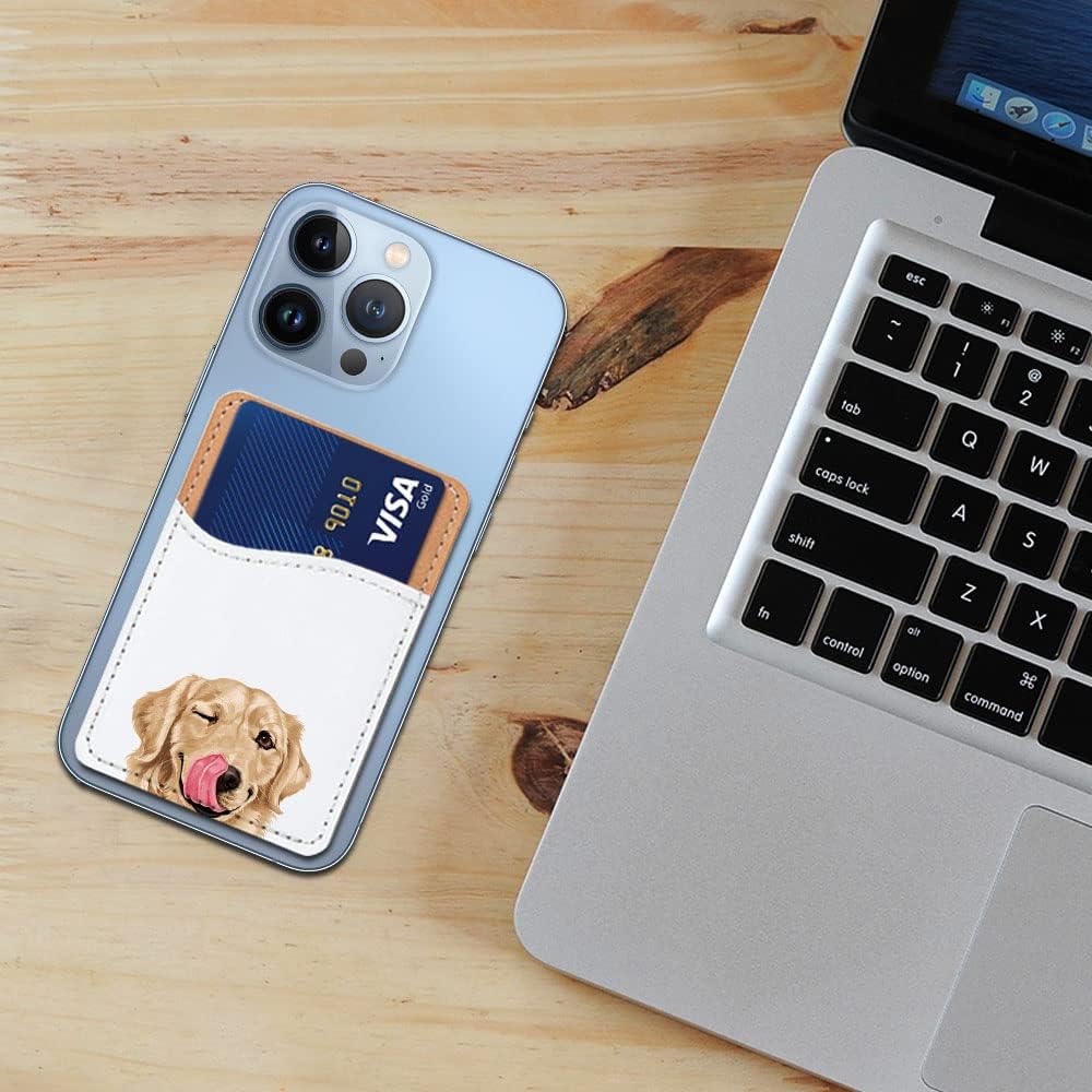 FINCIBO PU Leather Self-Adhesive Universal Credit Card Holder Wallet for All Smart Mobile Cell Phones - Winking Golden Retriever