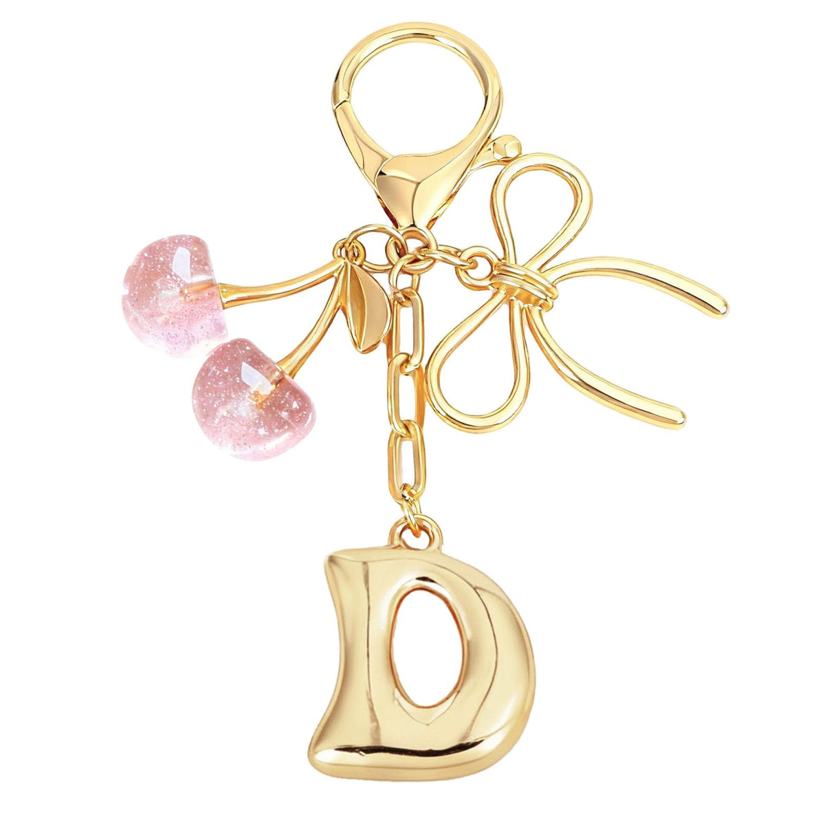 Snycler Bubble Initial Keychain with Bow & Cherry - Gold Letter Bag Charms for Women, Cute Purse Handbag Accessories