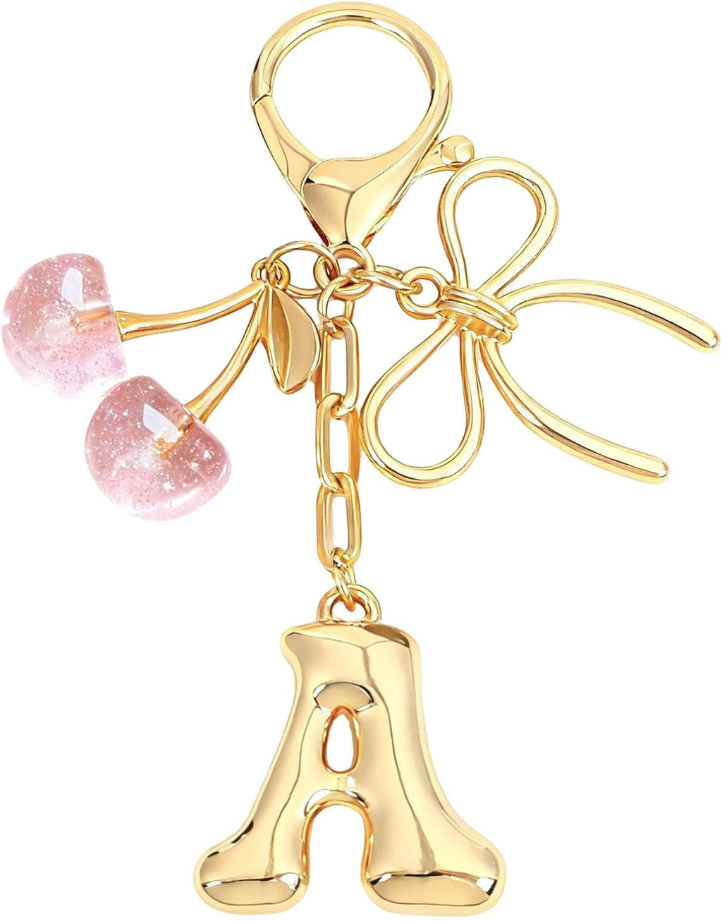 Snycler Bubble Initial Keychain with Bow & Cherry - Gold Letter Bag Charms for Women, Cute Purse Handbag Accessories