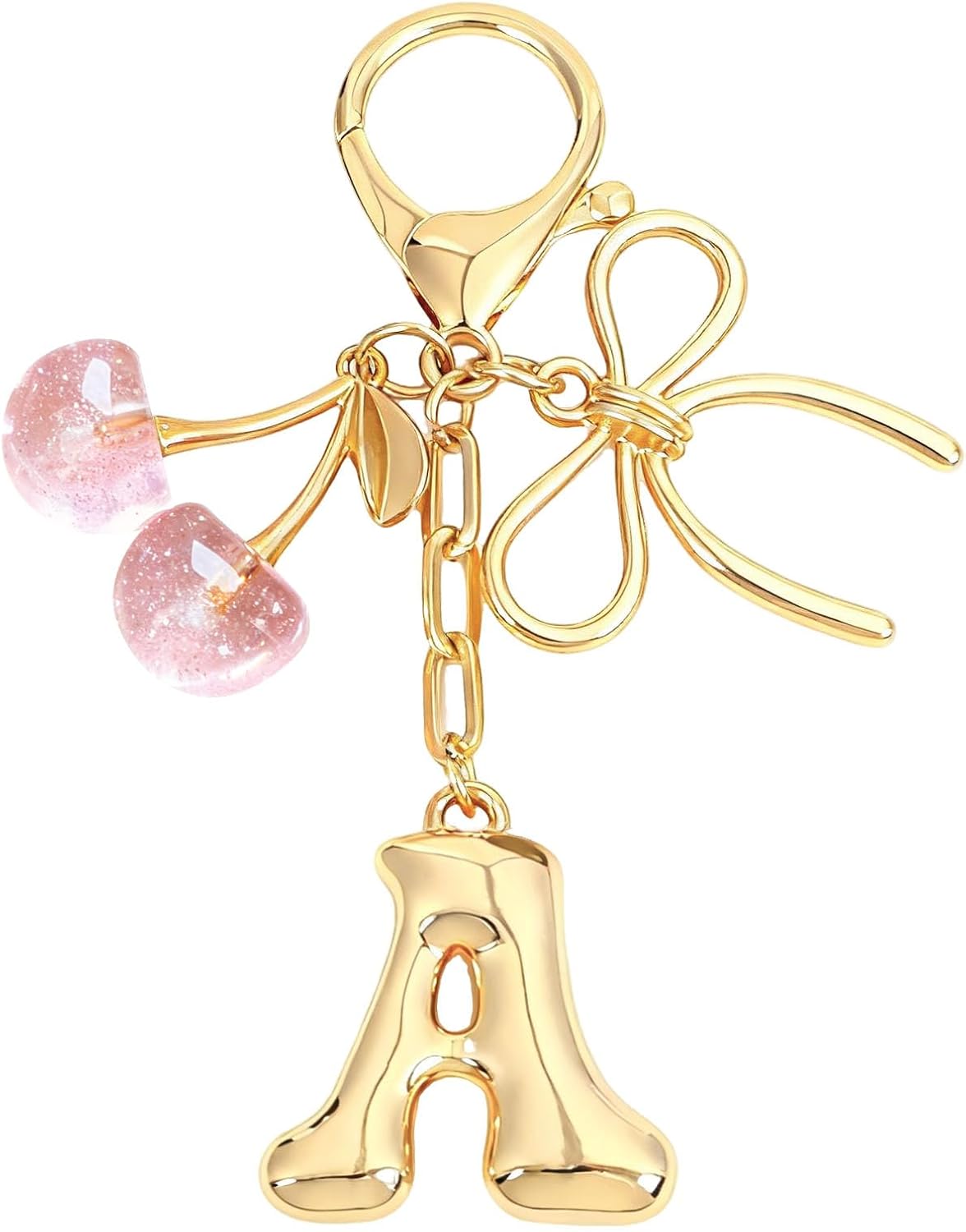 Snycler Bubble Initial Keychain with Bow & Cherry - Gold Letter Bag Charms for Women, Cute Purse Handbag Accessories