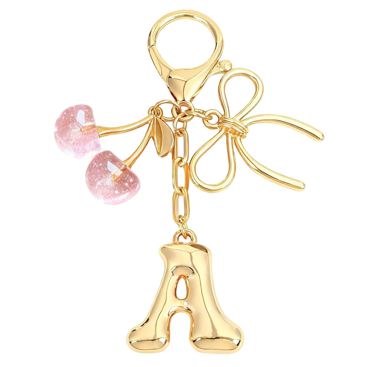 Snycler Bubble Initial Keychain with Bow & Cherry - Gold Letter Bag Charms for Women, Cute Purse Handbag Accessories