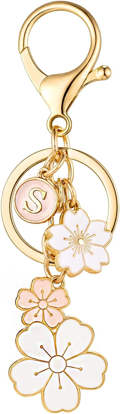 SELOVO Initial Keychain Flower Charms for Key Cute Pink Letter Keyring for Backpack