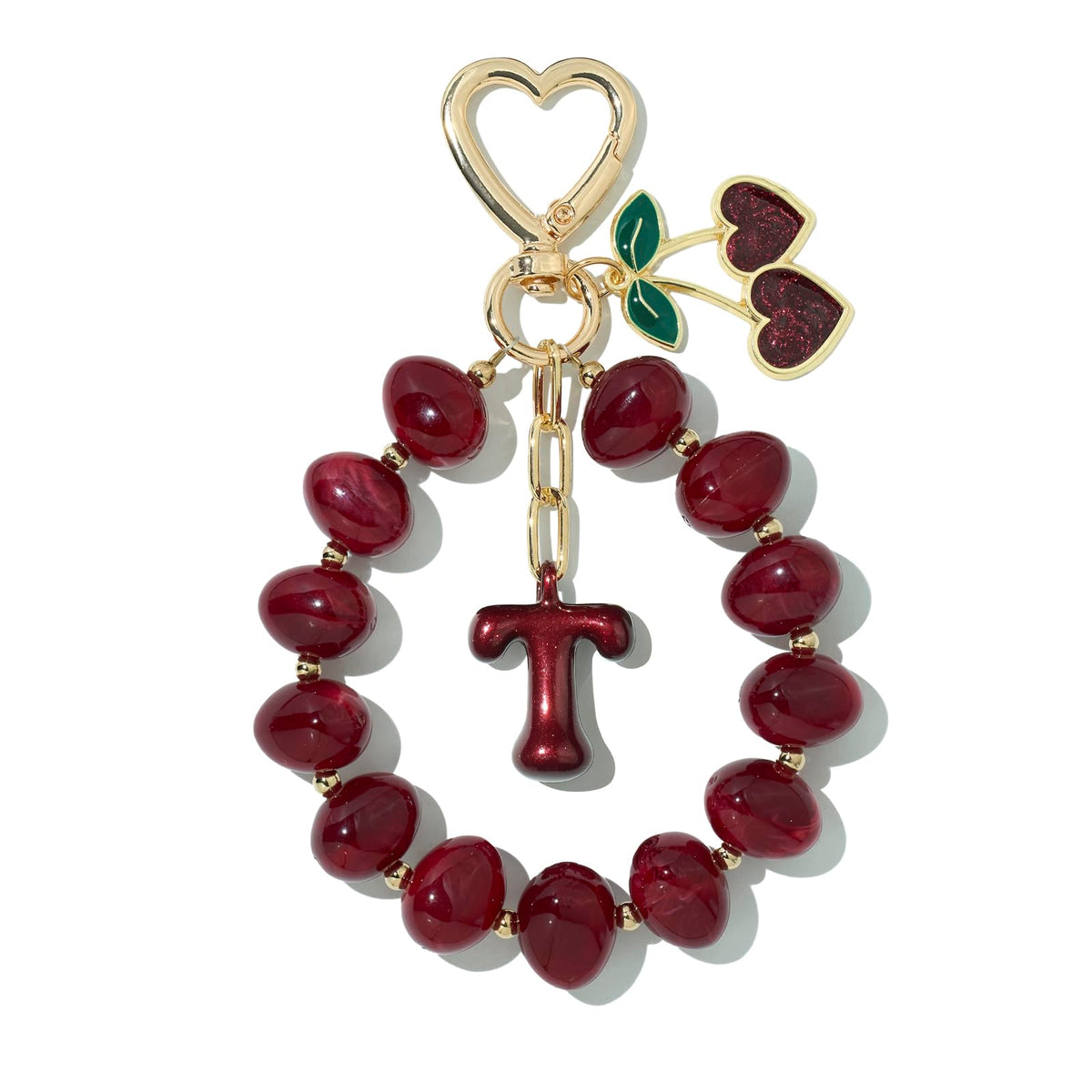 DualCozy Pink/Black Cherry Beaded Bubble Initial Bag Charm Cherry Keychain