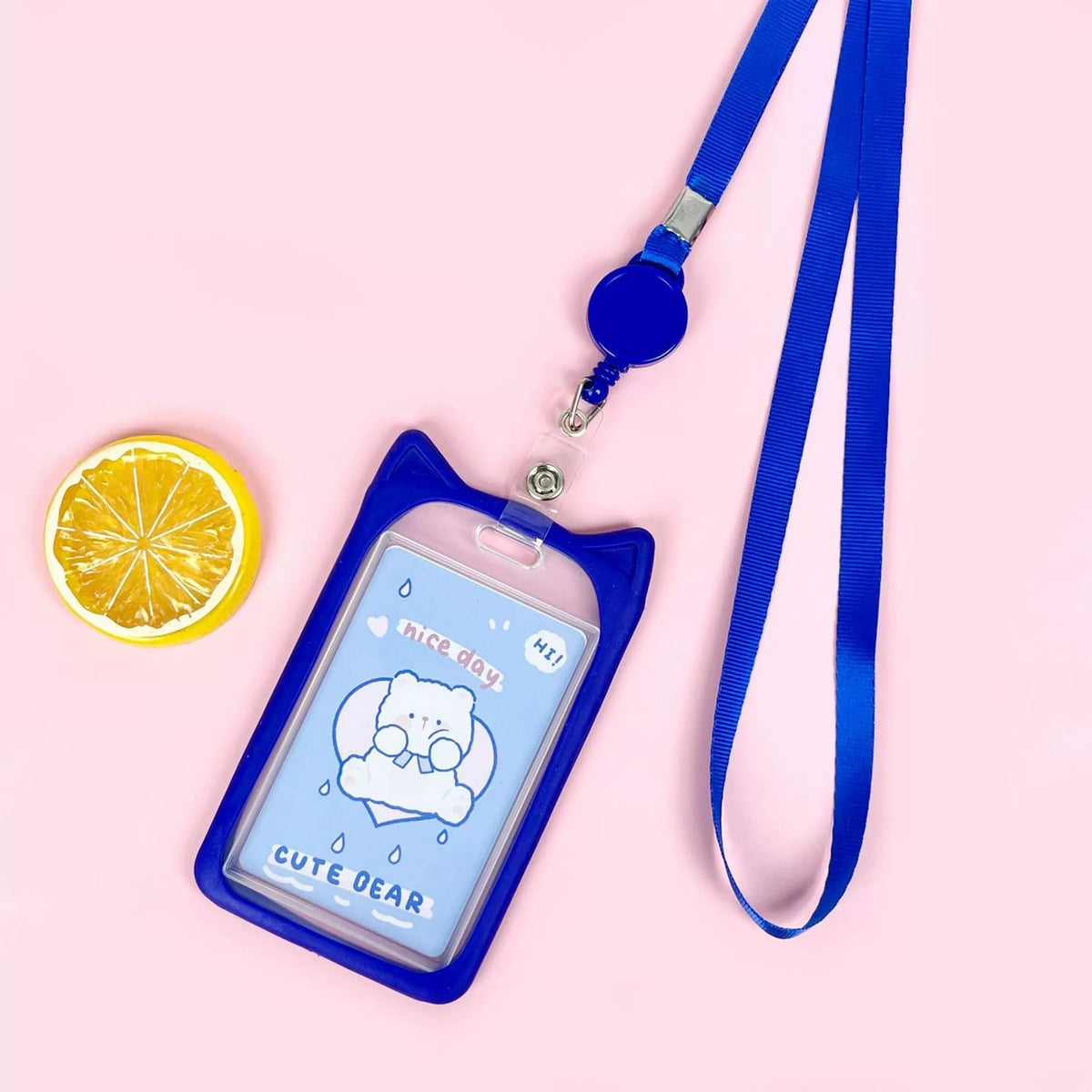 2 Pack Cat Ear ID Badge Holder with Flat Neck Lanyard, Cute Cartoon Card Case for Nurse Student Women School Office (Black & Dark Blue)